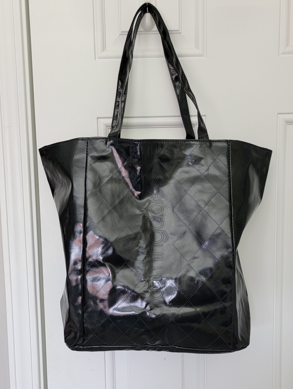 Vintage Bloomingdales Glossy Black Plastic Tote Diamond Quilt Logo Leopard Print